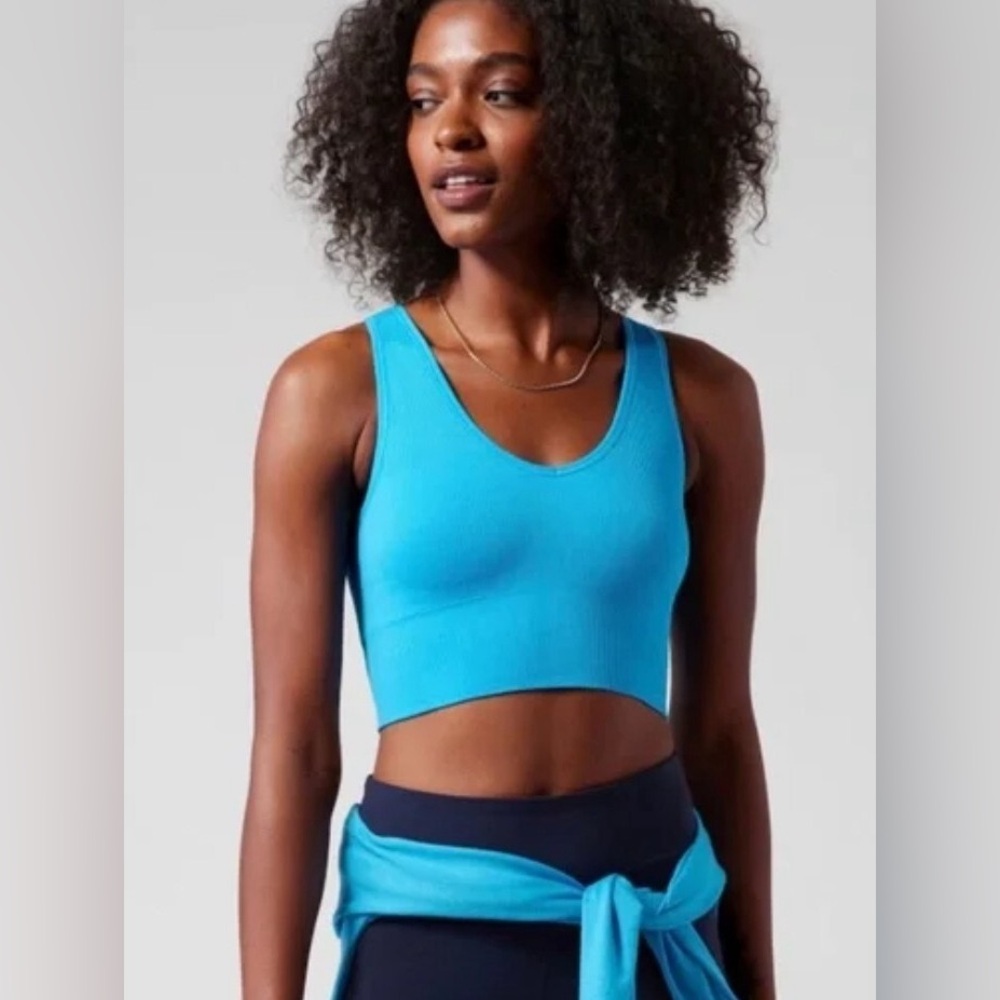 NWT ATHLETA Aurora Crop Ribbed Sports Bra Tank Top Santorini Blue V-Nexk - XXS